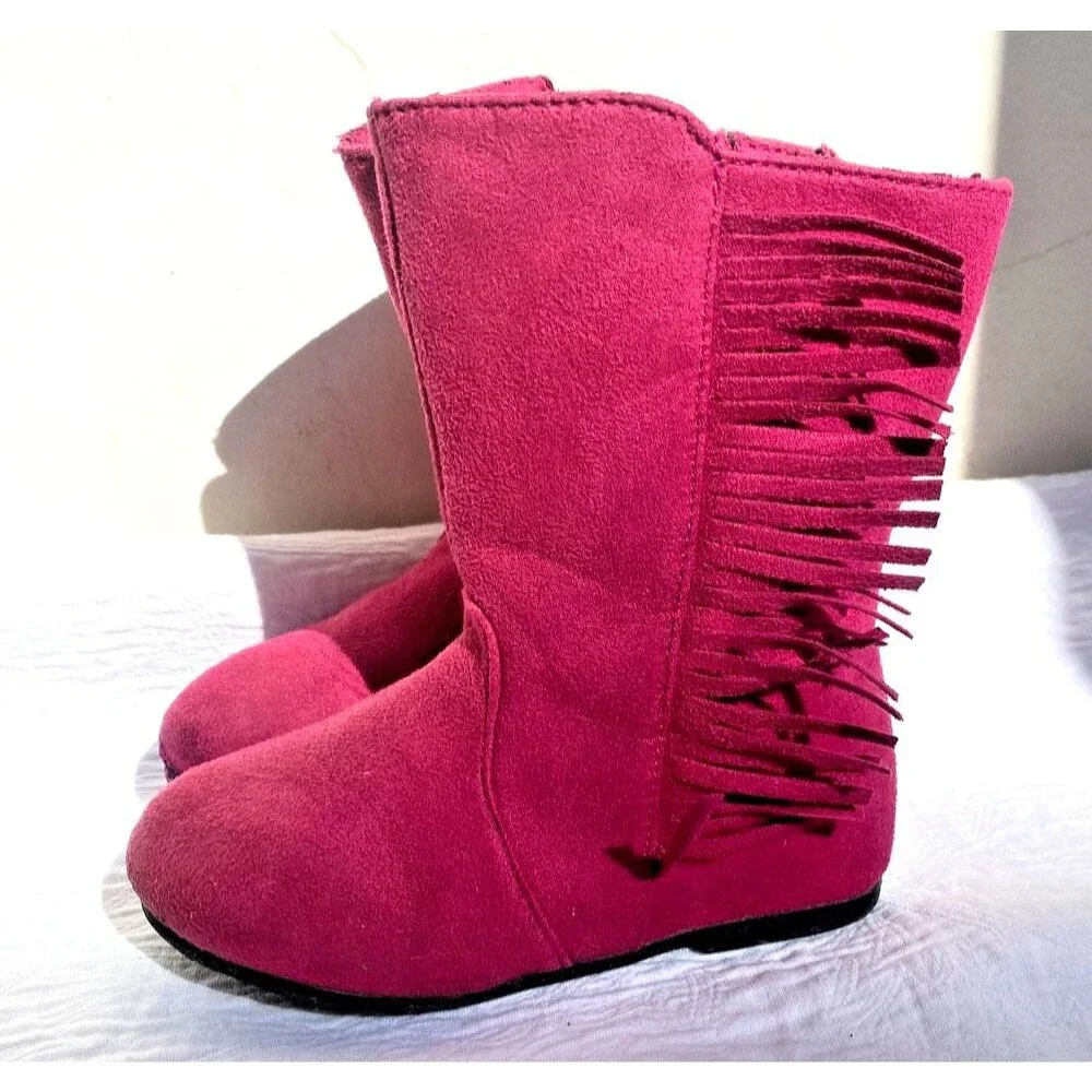 Toddler Girl's Hot Pink Fringe Boots Soft Suede Flat Zipper Pull-On -Size 7/8 T